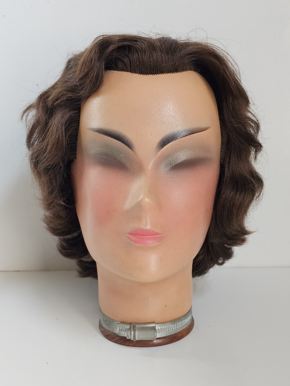 Vintage 1940's Mannequin Head Germany Wooden Cosmetology Model Rooted Human Hair